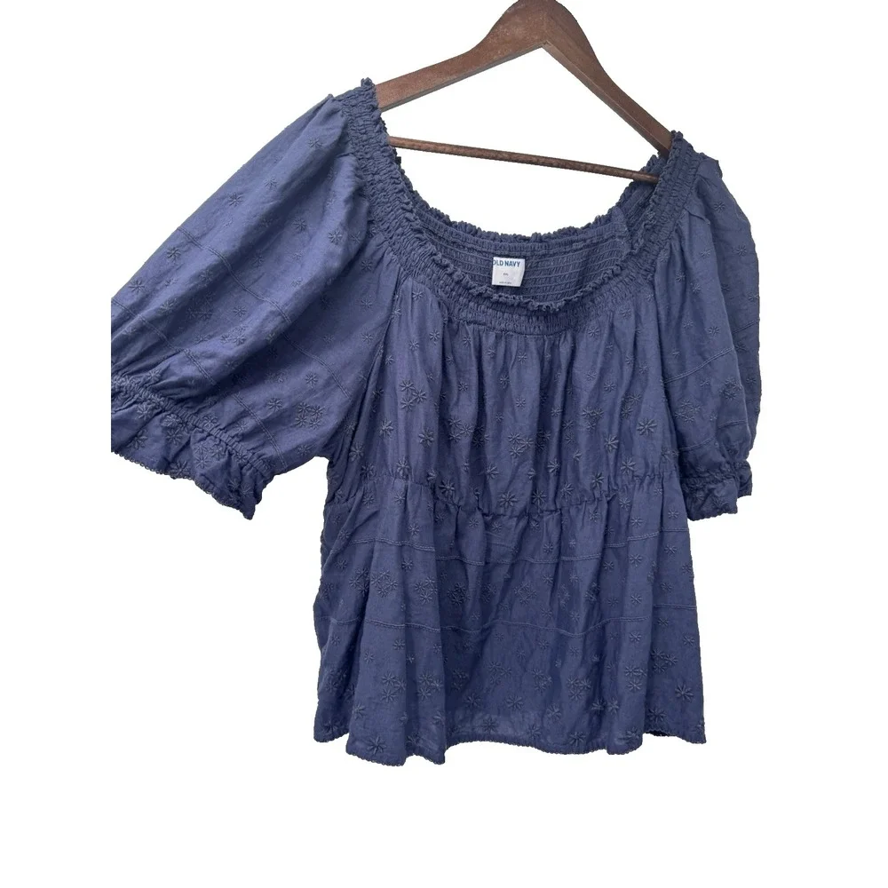 Old‎ Navy 2X Blue Floral Embroidered eyelet Smocked Blouse cottage puff sleeve